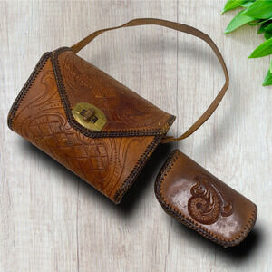Vintage Western Tooled Leather Mini Baby Bag Purse & Zip Around Coin Pouch